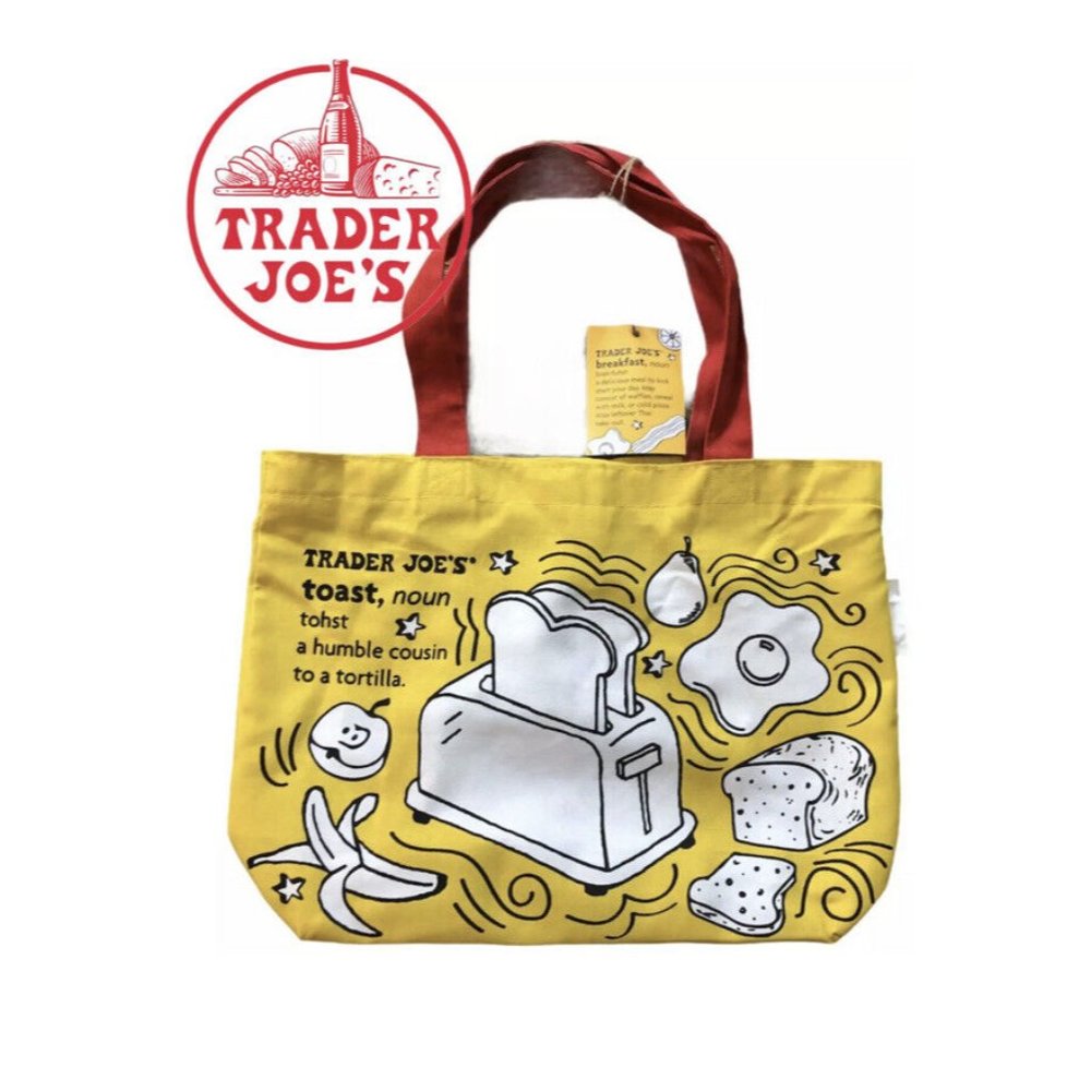 TRADER JOE'S Reusable Shopping Tote Bag Breakfast Cotton Canvas Yellow NWT